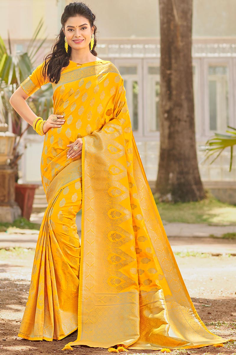 Yellow Banarasi Silk Saree With Silk Blouse