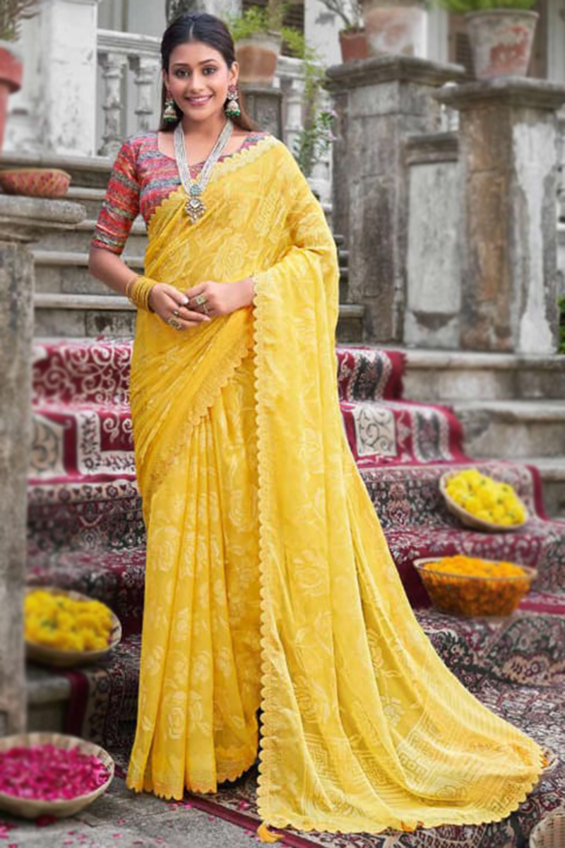 Yellow Brasso Saree with Multi Color Chiffon Blouse