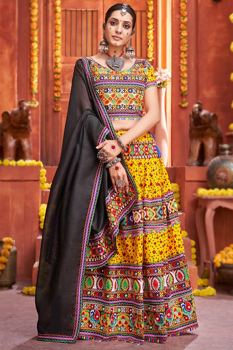 Yellow Cotton Silk Printed Flared Lehenga