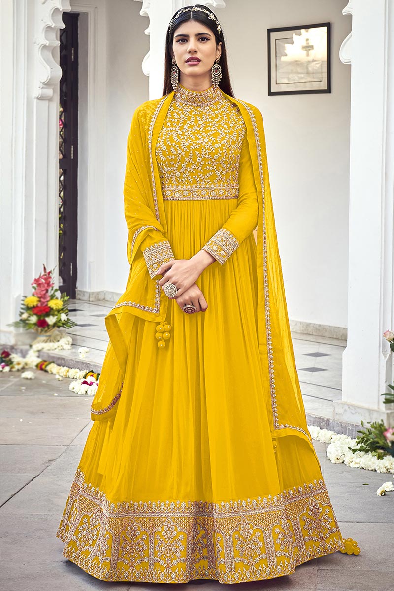 Wedding Party Dori Work Embroidered Yellow Anarkali Suit LSTV114318