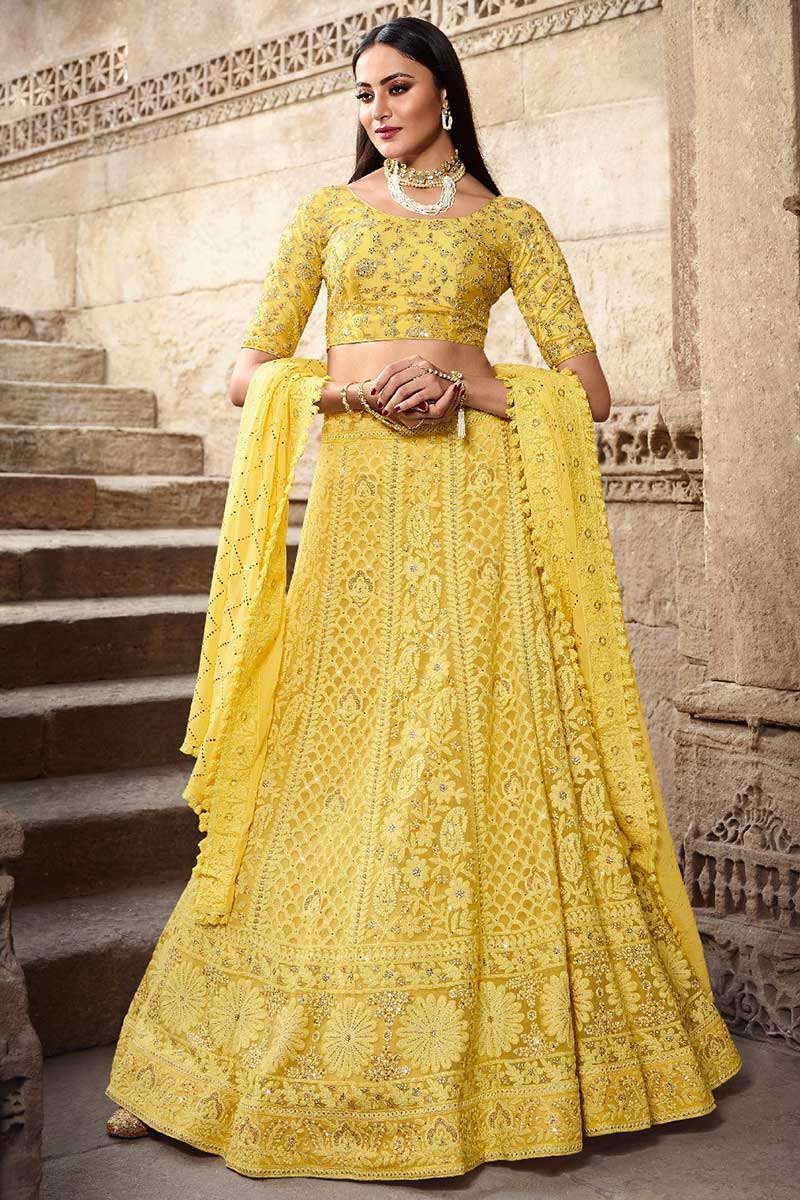 Buy Yellow Georgette Lehenga Choli With Lucknowi Work  - CHIKANKARI LEHENGA DESIGNS
