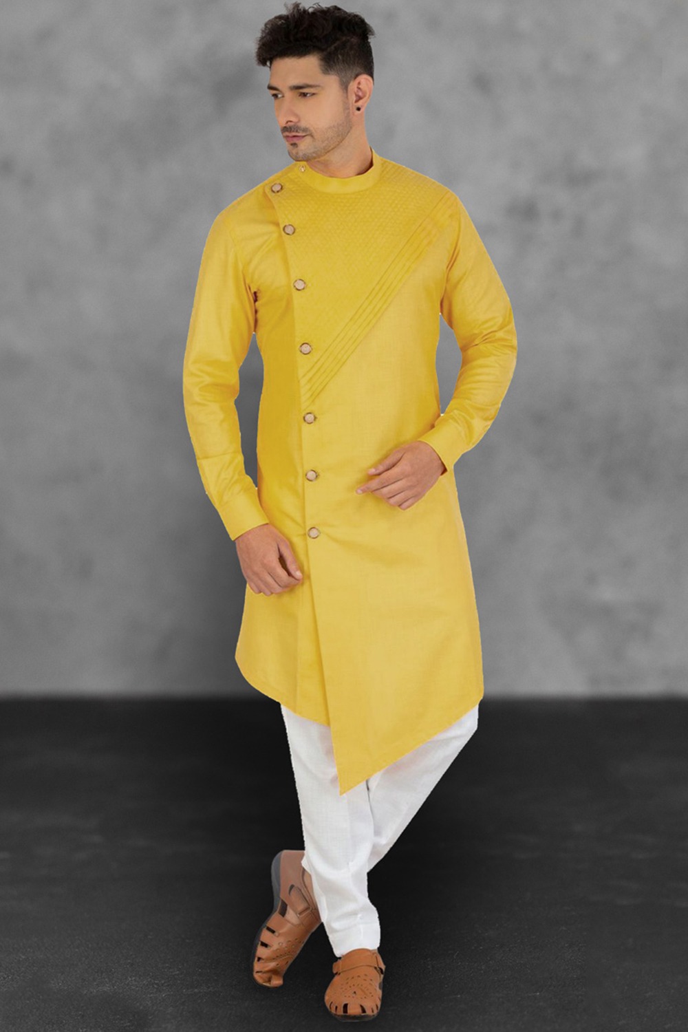 Yellow Cotton Kurta With White Pajama for Wedding Party