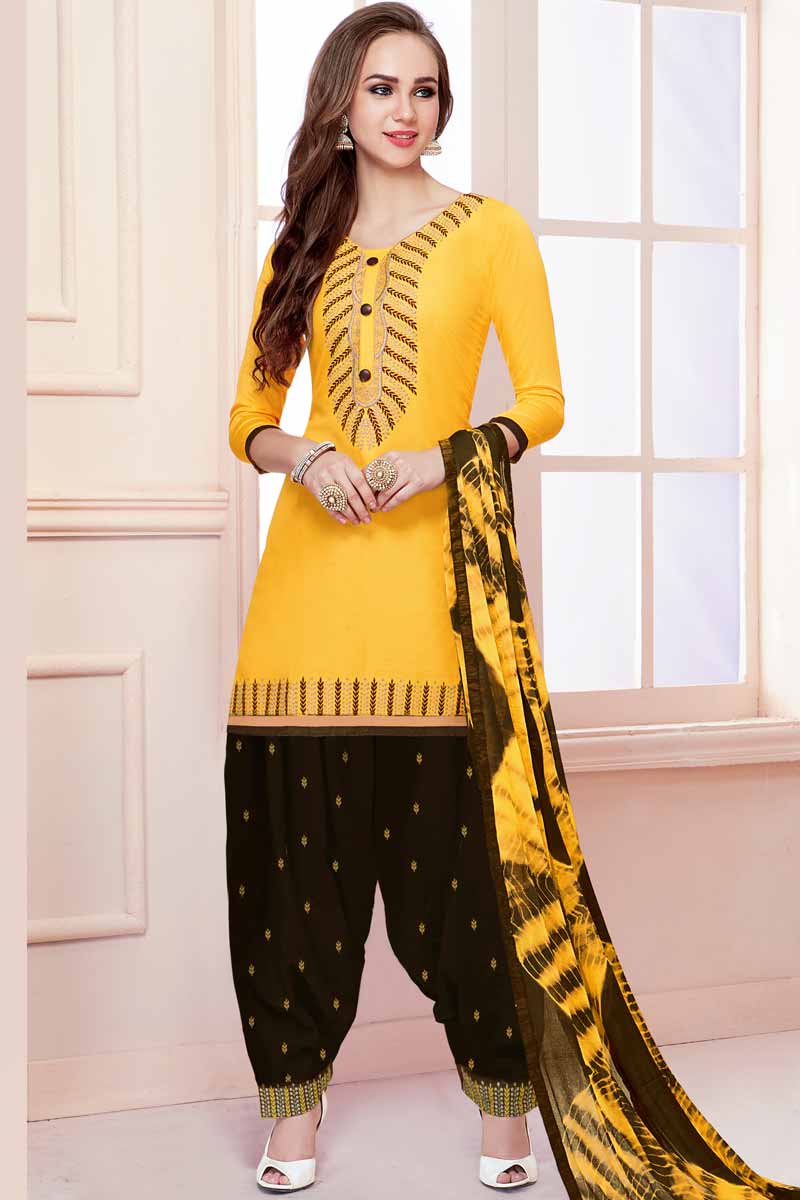 Buy Yellow Cotton Embroidered Patiala Suits Online LSTV01173