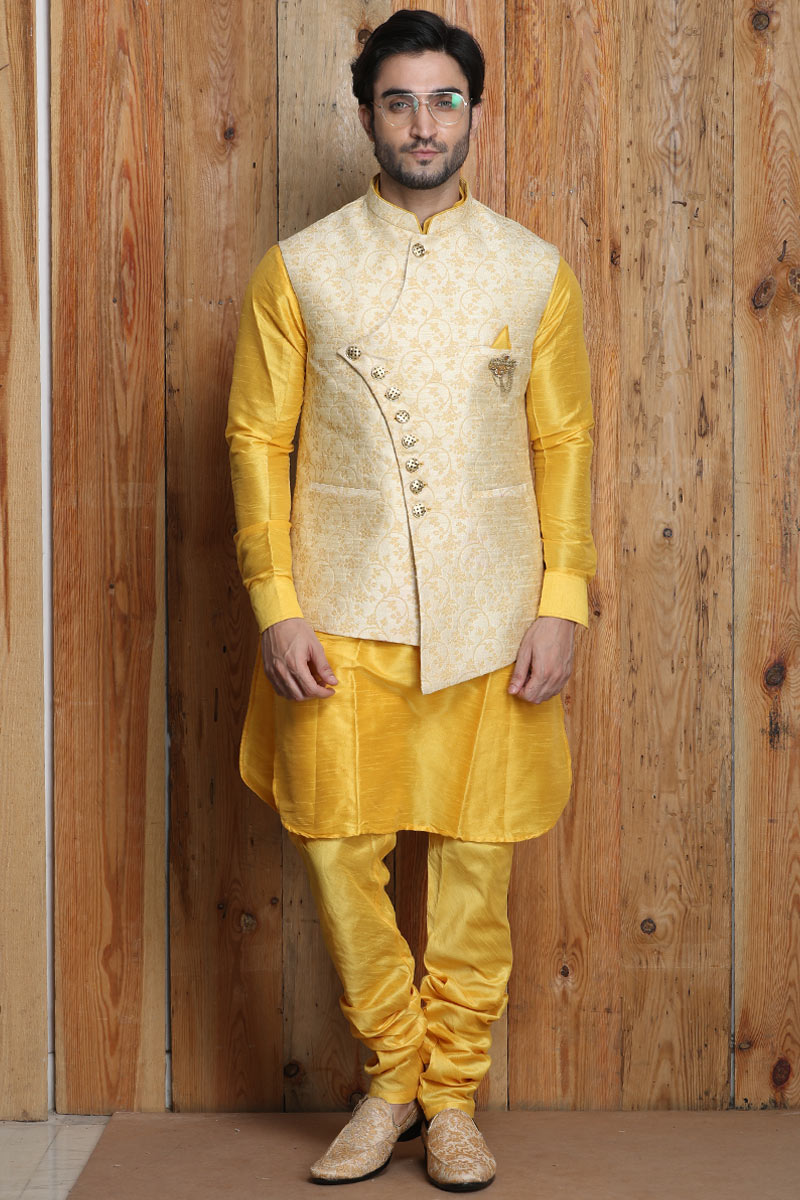 Yellow Raw Silk Kurta Pajama With Waist Coat