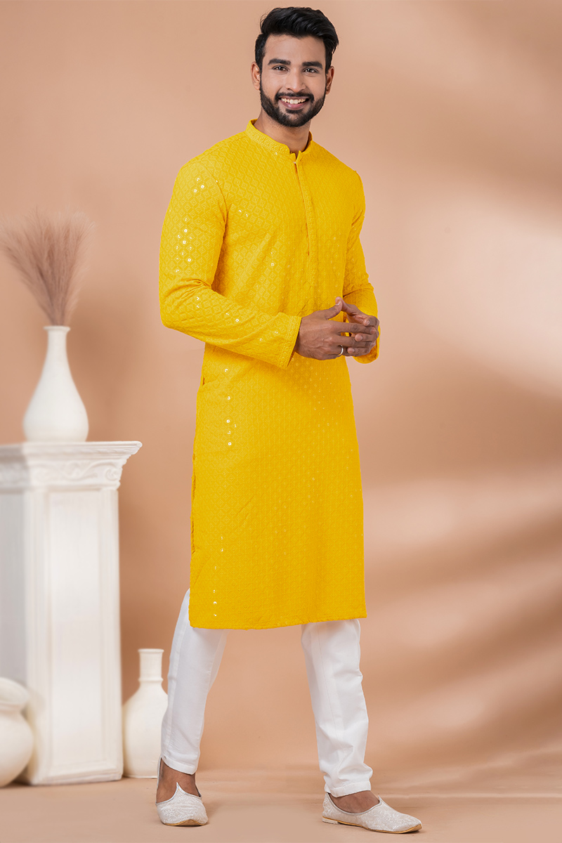 Yellow Sequins Embroidered Rayon Men's Kurta Pajama For Haldi