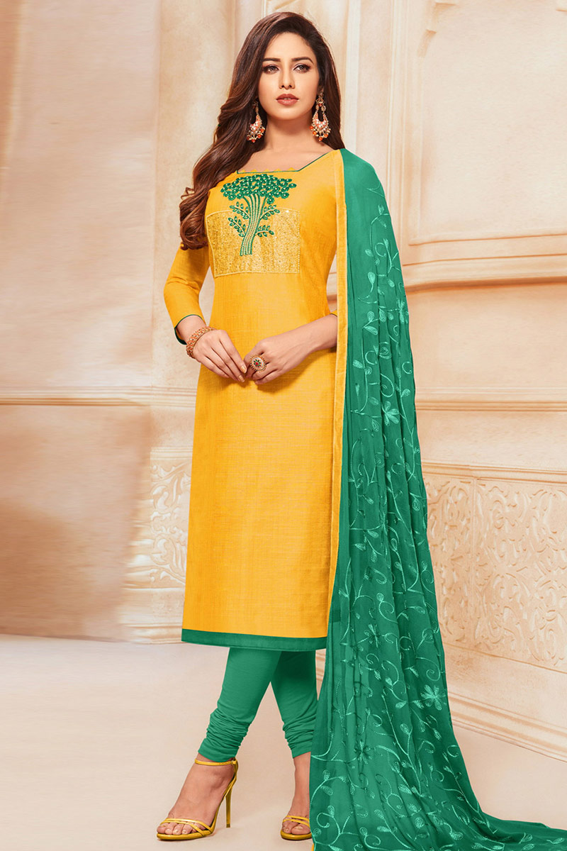 Yellow South Cotton Churidar Suit With Dori Work