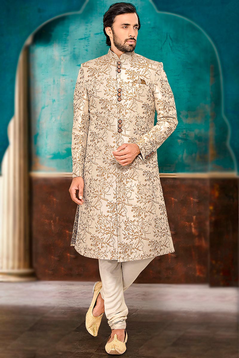 Grab the stylish Men Sherwani in Light Beige Embroidered Fabric MSTV01063