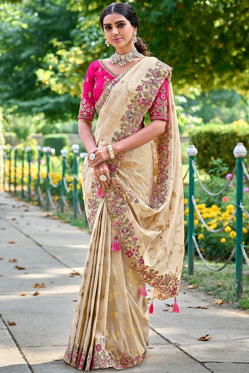 Zari Embroidered Cream Beige Silk Wedding Wear Saree SARV167896