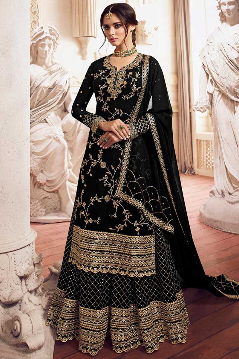 Buy Embroidered Georgette Sharara Suit In Black Colour Online LSTV04351 Andaaz Fashion