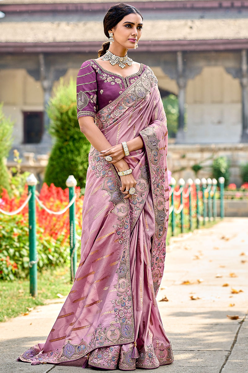 Zari Embroidered Lavender Pink Silk Wedding Wear Saree