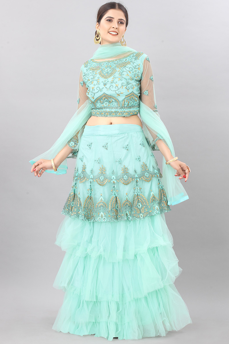 Buy Asian Prom Suits Net Mint Blue Zari Embroidered Lehenga LLCV113421 Buy Asian Prom Suits Net Mint Blue Zari Embroidered Lehenga LLCV113421