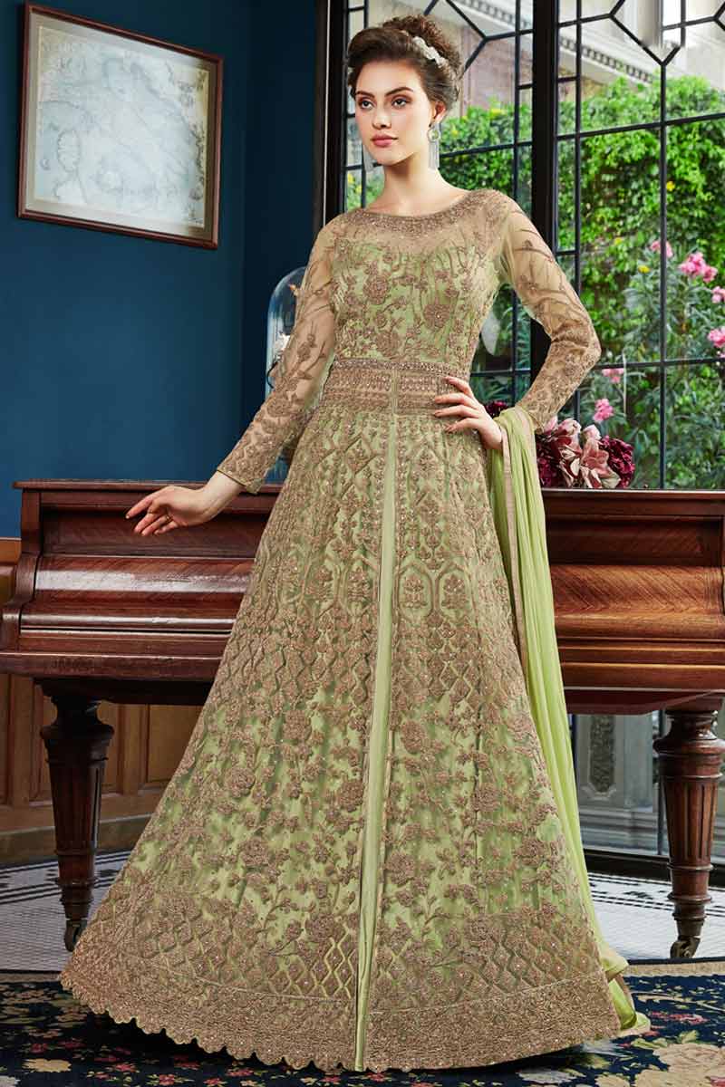Buy Zari Embroidered Net Pear Green Anarkali With Skirt Online - LSTV03253 | Andaaz Fashion Buy Zari Embroidered Net Pear Green Anarkali With Skirt Online - LSTV03253 | Andaaz Fashion