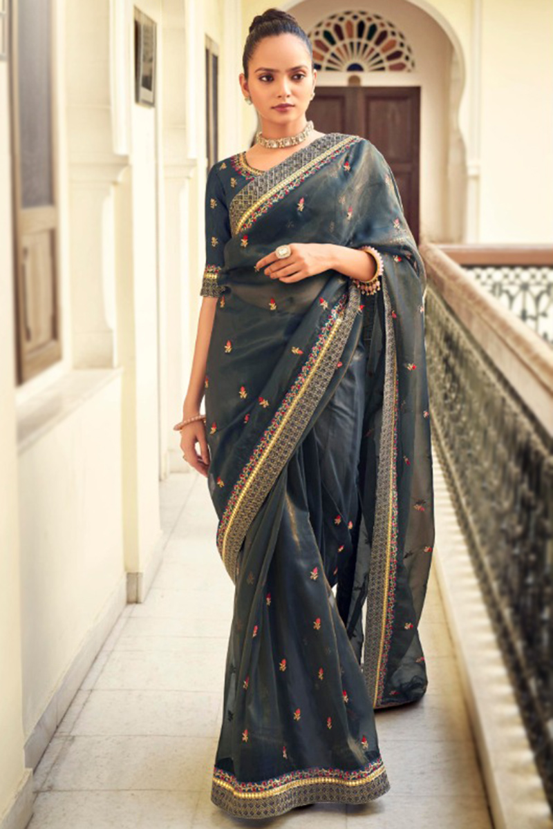 Trendy Prussian Blue Color organza Base Embroidered Saree