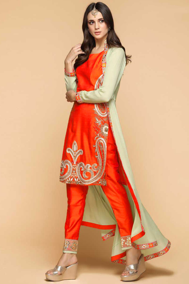 Buy Slub Silk Tiger Orange Straight Pant Suit Online 1929