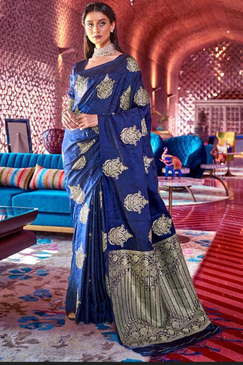 Latest Designer Bollywood Satin outlet Silk Embroidered Zari Work Navy Blue Sari Unstitched Blouse Indian Ethnic Wedding Party Bridal Sari